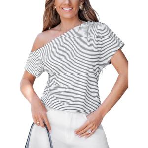 imageCUPSHE Womens Summer Tops Striped Off The Shoulder Short Sleeve Work Casual Blouse ShirtWhite