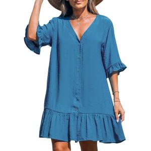 imageCUPSHE Womens V Neck Ruffled Cover Up Button Down Bathing Suit Beach Dress with Short SleevesDark Blue