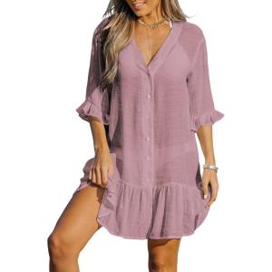 imageCUPSHE Womens V Neck Ruffled Cover Up Button Down Bathing Suit Beach Dress with Short SleevesPink