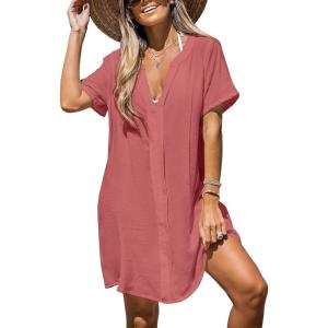 imageCUPSHE Womens V Neck Ruffled Cover Up Button Down Bathing Suit Beach Dress with Short SleevesRedpink