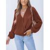 imageCUPSHE Women Long Lantern Sleeve Shirts Tops Dressy Casual Loose Fit V Neck BlousesBrown