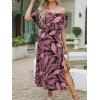 imageCUPSHE Women Ruffle Floral Maxi Summer Dress Off Shoulder Short Sleeve Backless Flounce Bodice Slit Hem Beach DressesBlack Leaf