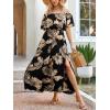 imageCUPSHE Women Ruffle Floral Maxi Summer Dress Off Shoulder Short Sleeve Backless Flounce Bodice Slit Hem Beach DressesBlack Tropical