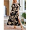 imageCUPSHE Women Ruffle Floral Maxi Summer Dress Off Shoulder Short Sleeve Backless Flounce Bodice Slit Hem Beach DressesBlack Tropical