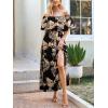 imageCUPSHE Women Ruffle Floral Maxi Summer Dress Off Shoulder Short Sleeve Backless Flounce Bodice Slit Hem Beach DressesBlack Tropical