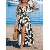 imageCUPSHE Women Ruffle Floral Maxi Summer Dress Off Shoulder Short Sleeve Backless Flounce Bodice Slit Hem Beach DressesBlack White