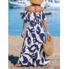 imageCUPSHE Women Ruffle Floral Maxi Summer Dress Off Shoulder Short Sleeve Backless Flounce Bodice Slit Hem Beach DressesBlue White
