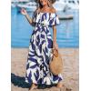imageCUPSHE Women Ruffle Floral Maxi Summer Dress Off Shoulder Short Sleeve Backless Flounce Bodice Slit Hem Beach DressesBlue White