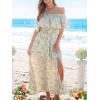imageCUPSHE Women Ruffle Floral Maxi Summer Dress Off Shoulder Short Sleeve Backless Flounce Bodice Slit Hem Beach DressesDitsy Floral