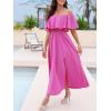 imageCUPSHE Women Ruffle Floral Maxi Summer Dress Off Shoulder Short Sleeve Backless Flounce Bodice Slit Hem Beach DressesFuchsia