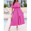 imageCUPSHE Women Ruffle Floral Maxi Summer Dress Off Shoulder Short Sleeve Backless Flounce Bodice Slit Hem Beach DressesFuchsia