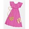 imageCUPSHE Women Ruffle Floral Maxi Summer Dress Off Shoulder Short Sleeve Backless Flounce Bodice Slit Hem Beach DressesFuchsia