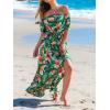 imageCUPSHE Women Ruffle Floral Maxi Summer Dress Off Shoulder Short Sleeve Backless Flounce Bodice Slit Hem Beach DressesGreen Tropical
