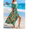 imageCUPSHE Women Ruffle Floral Maxi Summer Dress Off Shoulder Short Sleeve Backless Flounce Bodice Slit Hem Beach DressesGreen Tropical