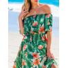 imageCUPSHE Women Ruffle Floral Maxi Summer Dress Off Shoulder Short Sleeve Backless Flounce Bodice Slit Hem Beach DressesGreen Tropical