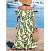 imageCUPSHE Women Ruffle Floral Maxi Summer Dress Off Shoulder Short Sleeve Backless Flounce Bodice Slit Hem Beach DressesGreen White