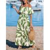 imageCUPSHE Women Ruffle Floral Maxi Summer Dress Off Shoulder Short Sleeve Backless Flounce Bodice Slit Hem Beach DressesGreen White