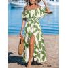 imageCUPSHE Women Ruffle Floral Maxi Summer Dress Off Shoulder Short Sleeve Backless Flounce Bodice Slit Hem Beach DressesGreen White
