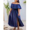 imageCUPSHE Women Ruffle Floral Maxi Summer Dress Off Shoulder Short Sleeve Backless Flounce Bodice Slit Hem Beach DressesNavy Blue