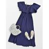 imageCUPSHE Women Ruffle Floral Maxi Summer Dress Off Shoulder Short Sleeve Backless Flounce Bodice Slit Hem Beach DressesNavy Blue