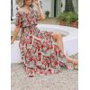 imageCUPSHE Women Ruffle Floral Maxi Summer Dress Off Shoulder Short Sleeve Backless Flounce Bodice Slit Hem Beach DressesRed Leaf