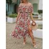 imageCUPSHE Women Ruffle Floral Maxi Summer Dress Off Shoulder Short Sleeve Backless Flounce Bodice Slit Hem Beach DressesRed Leaf