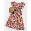 imageCUPSHE Women Ruffle Floral Maxi Summer Dress Off Shoulder Short Sleeve Backless Flounce Bodice Slit Hem Beach DressesRed Leaf