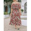 imageCUPSHE Women Ruffle Floral Maxi Summer Dress Off Shoulder Short Sleeve Backless Flounce Bodice Slit Hem Beach DressesRed Leaf