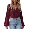 imageCUPSHE Women Long Lantern Sleeve Shirts Tops Dressy Casual Loose Fit V Neck BlousesWine