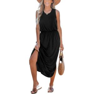 imageCUPSHE Women Knit Summer Dress Cover Up Crew Neck Elastic Waist Side Slit Midi Casual Sundress Beach Cover Up DressesBlack