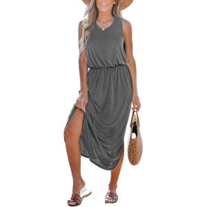 imageCUPSHE Women Knit Summer Dress Cover Up Crew Neck Elastic Waist Side Slit Midi Casual Sundress Beach Cover Up DressesGrey