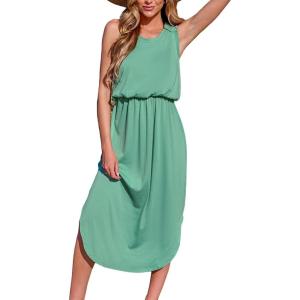imageCUPSHE Women Knit Summer Dress Cover Up Crew Neck Elastic Waist Side Slit Midi Casual Sundress Beach Cover Up DressesLight Green