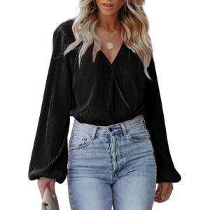 imageCUPSHE Women Long Lantern Sleeve Shirts Tops Dressy Casual Loose Fit V Neck BlousesBlack