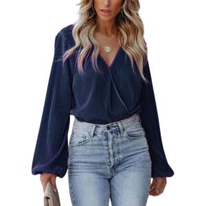 imageCUPSHE Women Long Lantern Sleeve Shirts Tops Dressy Casual Loose Fit V Neck BlousesDark Blue