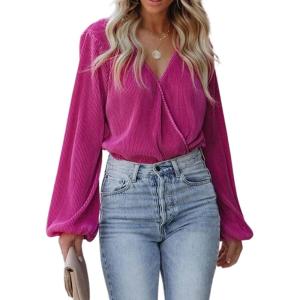 imageCUPSHE Women Long Lantern Sleeve Shirts Tops Dressy Casual Loose Fit V Neck BlousesFuchsia