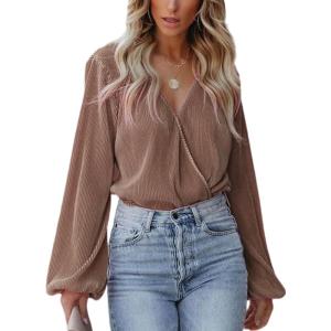 imageCUPSHE Women Long Lantern Sleeve Shirts Tops Dressy Casual Loose Fit V Neck BlousesLight Brown
