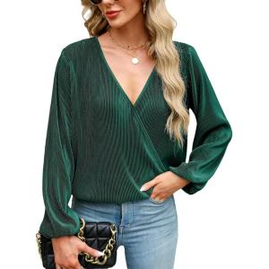 imageCUPSHE Women Long Lantern Sleeve Shirts Tops Dressy Casual Loose Fit V Neck BlousesMalachite Green