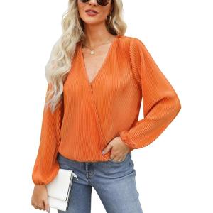 imageCUPSHE Women Long Lantern Sleeve Shirts Tops Dressy Casual Loose Fit V Neck BlousesOrange