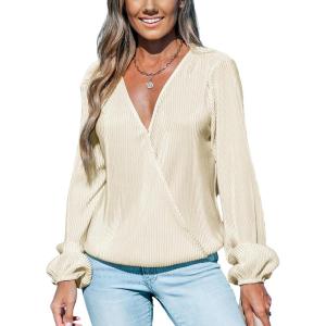 imageCUPSHE Women Long Lantern Sleeve Shirts Tops Dressy Casual Loose Fit V Neck BlousesWhite