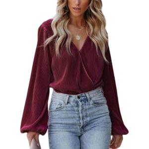 imageCUPSHE Women Long Lantern Sleeve Shirts Tops Dressy Casual Loose Fit V Neck BlousesWine