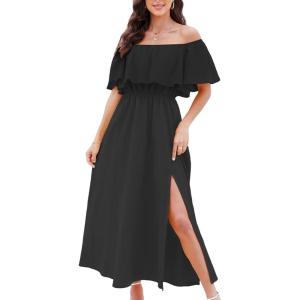 imageCUPSHE Women Ruffle Floral Maxi Summer Dress Off Shoulder Short Sleeve Backless Flounce Bodice Slit Hem Beach DressesBlack
