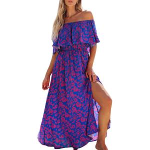 imageCUPSHE Women Ruffle Floral Maxi Summer Dress Off Shoulder Short Sleeve Backless Flounce Bodice Slit Hem Beach DressesBlue Purple