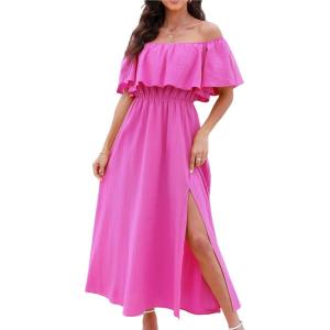 imageCUPSHE Women Ruffle Floral Maxi Summer Dress Off Shoulder Short Sleeve Backless Flounce Bodice Slit Hem Beach DressesFuchsia
