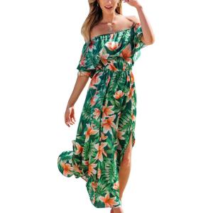 imageCUPSHE Women Ruffle Floral Maxi Summer Dress Off Shoulder Short Sleeve Backless Flounce Bodice Slit Hem Beach DressesGreen Tropical