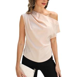 imageCUPSHE Womens Off Shoulder Blouses Shirts Short Sleeve Asymmetrical Going Out Blouses Tops ShirtsChampagne