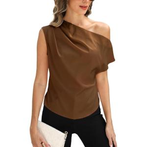 imageCUPSHE Womens Off Shoulder Blouses Shirts Short Sleeve Asymmetrical Going Out Blouses Tops ShirtsLight Brown