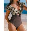 imageCUPSHE Womens One Piece Swimsuit Tummy Control Bathing Suit V Neck Ruffled Wrap Ruched Cutout Back Hook Available in PlusBeigeBrownLeopard