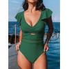 imageCUPSHE Womens One Piece Swimsuit Tummy Control Bathing Suit V Neck Ruffled Wrap Ruched Cutout Back Hook Available in PlusEmerald Green