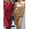 imageCUPSHE Womens Satin Silk Pajama Set Soft Pjs Sleepwear Short Sleeve Top with Long Pajama Pant SetBkhaki