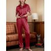 imageCUPSHE Womens Satin Silk Pajama Set Soft Pjs Sleepwear Short Sleeve Top with Long Pajama Pant SetCwine Red